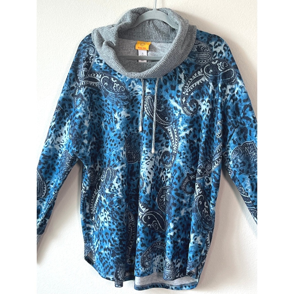 Ruby Rd Womens XL Blue Paisley Leopard Print Cowl Neck Pullover Soft Cozy Top